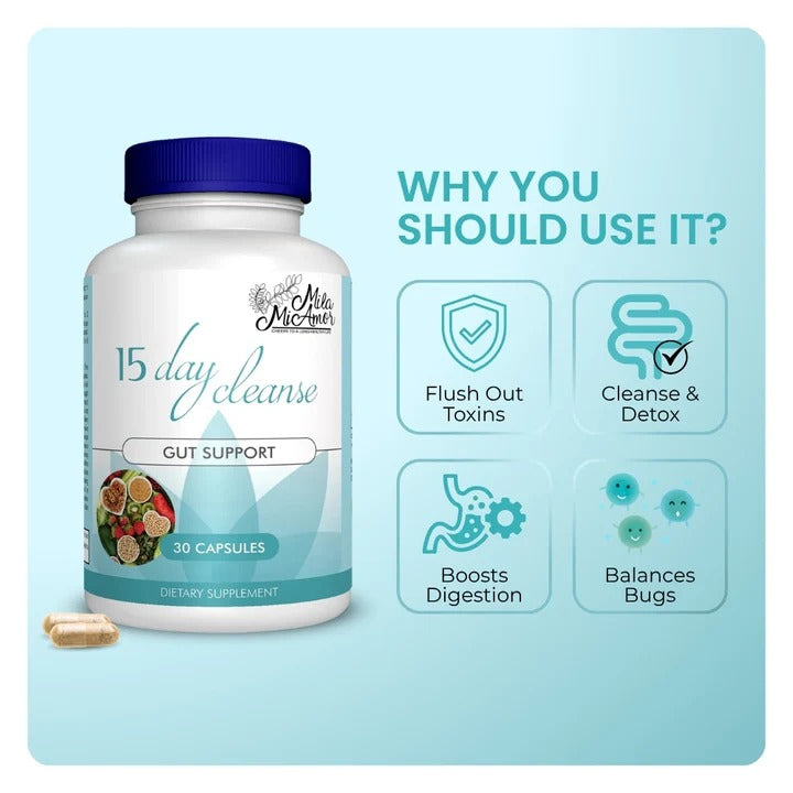 Mila Miamor 15 Day Cleanse Gut Support 2 Pack - Gut and Colon Support - Advanced Gut Cleanse Detox for Women & Men with Senna, Cascara Sagrada & Psyllium Husk - Non-GMO - Made in USA - 60 Capsules